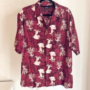 Haggar Burgundy Floral Hawaiian Hula Dancer Print Short Slv Button Down Silk, XL